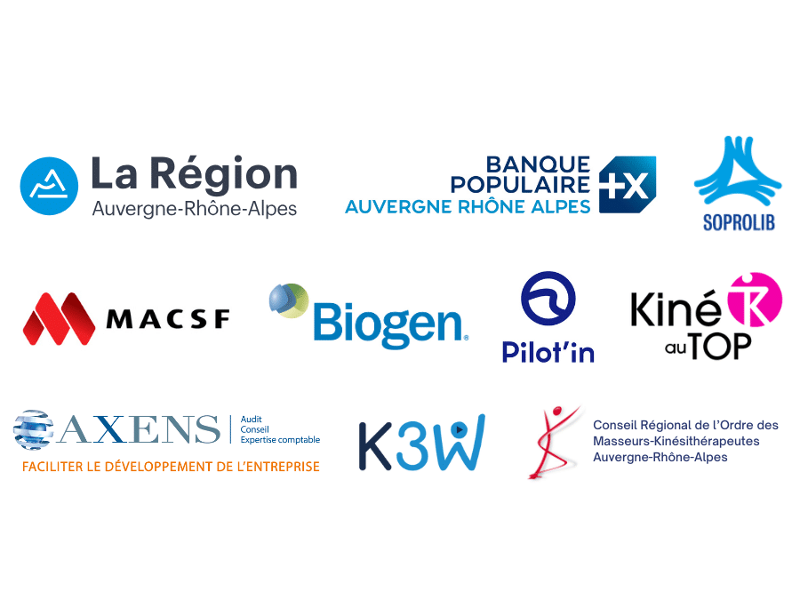 Logos des partenaires du Grand Défi Sport Santé Kiné organisé par l'URPS MK ARA, Banque Populaire Auvergne Rhône-Alpes, Soprolib, Macsf, Pilot'in, Axens, Biogen, Kiné au Top, K3W, CRO MK