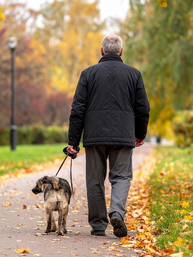 Senior marchant avec son chien sur un chemin en automne illustrant la prévention des chutes et le maintien de l’autonomie des personnes âgées